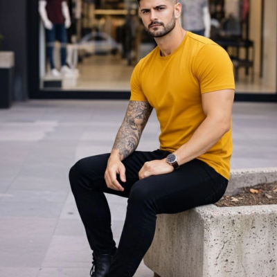 Erkek Body Tişört Bisiklet Yaka Slim Fit Likralı T-Shirt - Limon