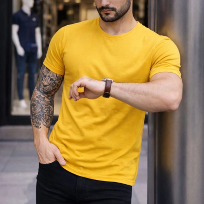 Erkek Body Tişört Bisiklet Yaka Slim Fit Likralı T-Shirt - Sarı