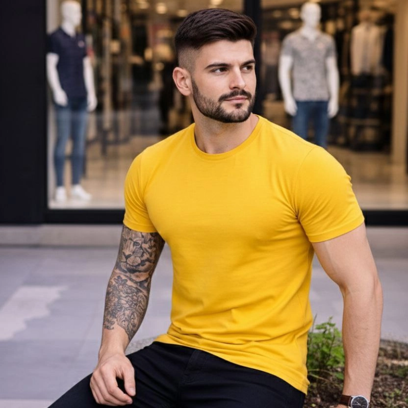 Erkek Body Tişört Bisiklet Yaka Slim Fit Likralı T-Shirt - Sarı