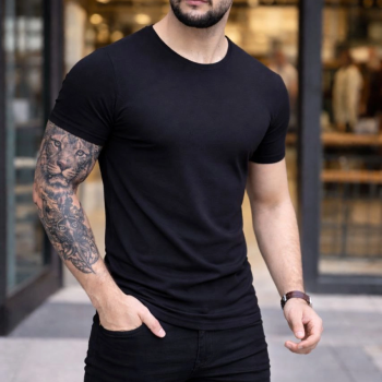 Erkek Body Tişört Bisiklet Yaka Slim Fit Likralı T-Shirt - Siyah