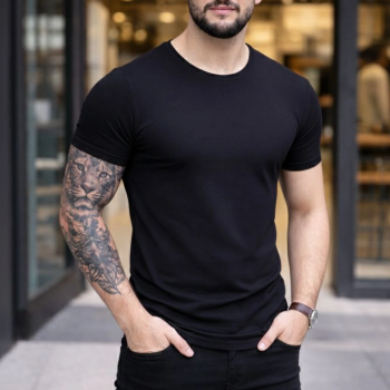 Erkek Body Tişört Bisiklet Yaka Slim Fit Likralı T-Shirt - Siyah