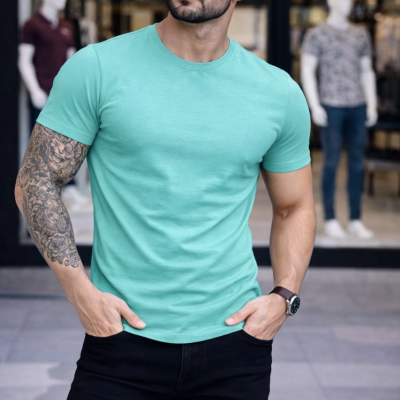 Erkek Body Tişört Bisiklet Yaka Slim Fit Likralı T-Shirt - Turkuvaz