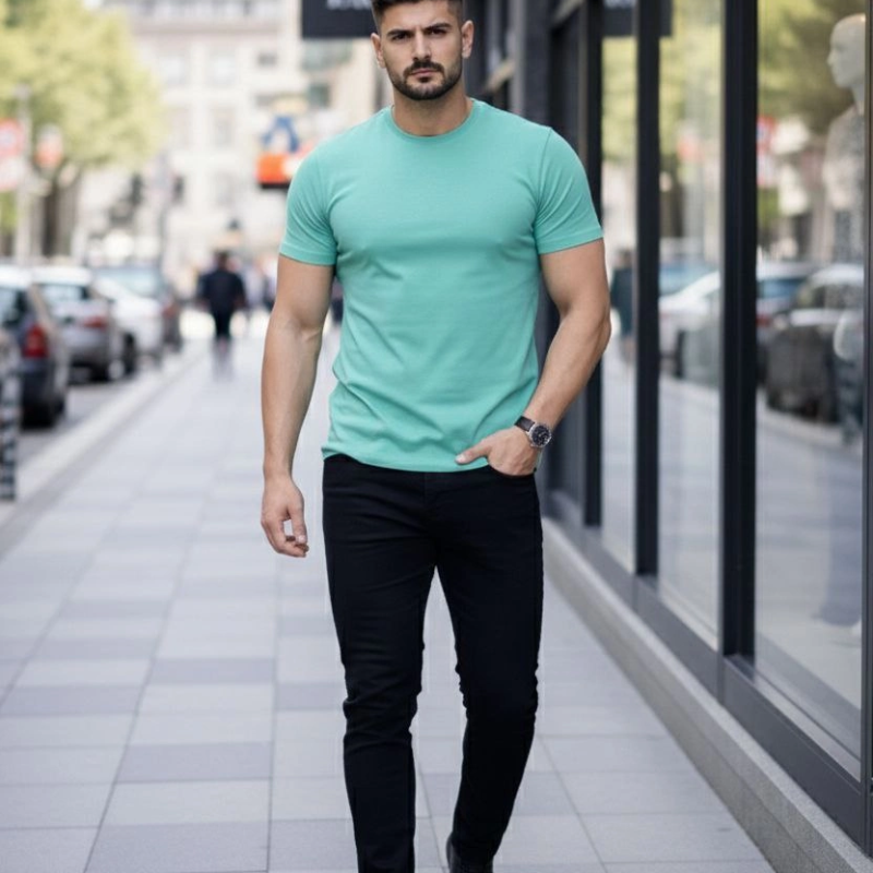 Erkek Body Tişört Bisiklet Yaka Slim Fit Likralı T-Shirt - Turkuvaz
