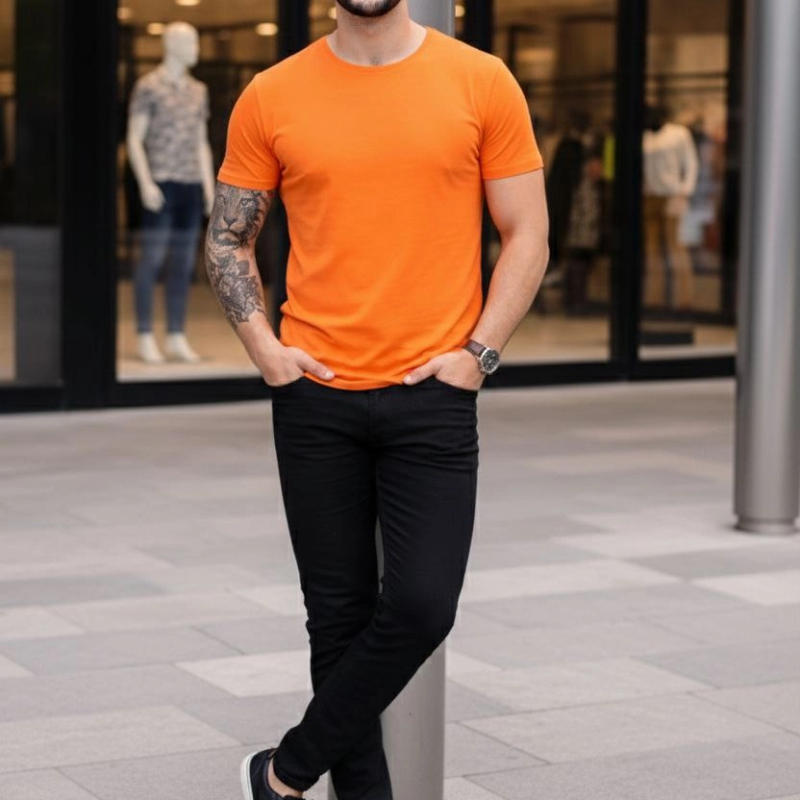 Erkek Body Tişört Bisiklet Yaka Slim Fit Likralı T-Shirt - Turuncu