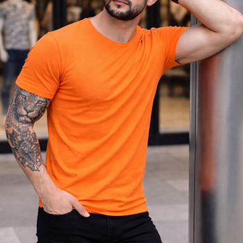 Erkek Body Tişört Bisiklet Yaka Slim Fit Likralı T-Shirt - Turuncu