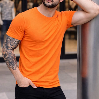 Erkek Body Tişört Bisiklet Yaka Slim Fit Likralı T-Shirt - Turuncu