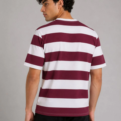 Erkek Çizgili Oversize Tişört Bisiklet Yaka Kısa Kol Yazlık T-Shirt - Bordo