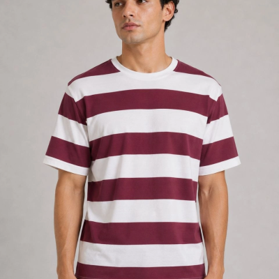 Erkek Çizgili Oversize Tişört Bisiklet Yaka Kısa Kol Yazlık T-Shirt - Bordo