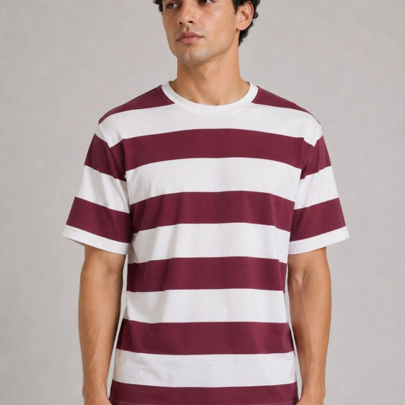 Erkek Çizgili Oversize Tişört Bisiklet Yaka Kısa Kol Yazlık T-Shirt - Bordo