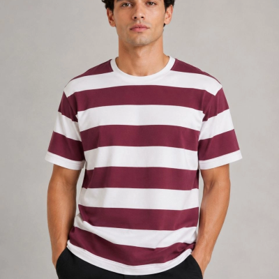 Erkek Çizgili Oversize Tişört Bisiklet Yaka Kısa Kol Yazlık T-Shirt - Bordo