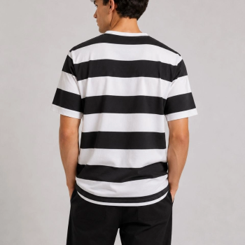 Erkek Çizgili Oversize Tişört Bisiklet Yaka Kısa Kol Yazlık T-Shirt - Siyah