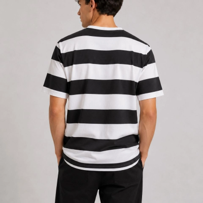 Erkek Çizgili Oversize Tişört Bisiklet Yaka Kısa Kol Yazlık T-Shirt - Siyah