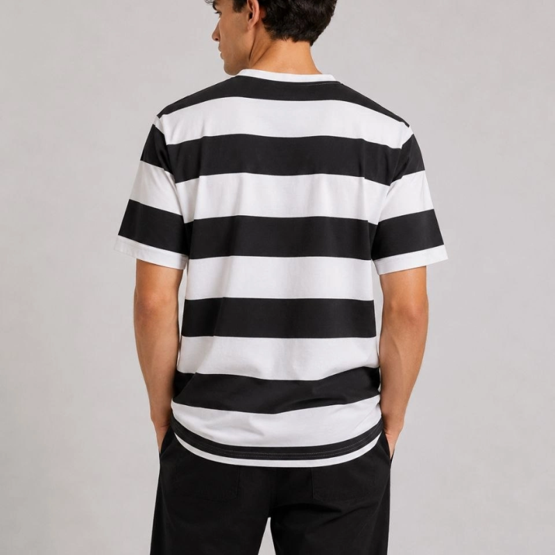 Erkek Çizgili Oversize Tişört Bisiklet Yaka Kısa Kol Yazlık T-Shirt - Siyah