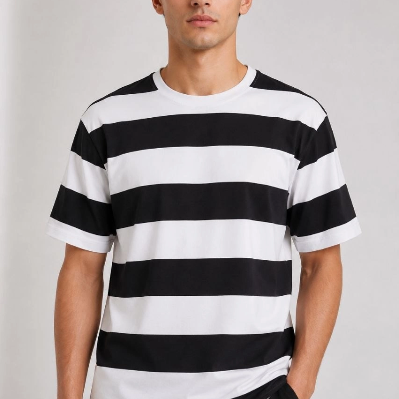 Erkek Çizgili Oversize Tişört Bisiklet Yaka Kısa Kol Yazlık T-Shirt - Siyah