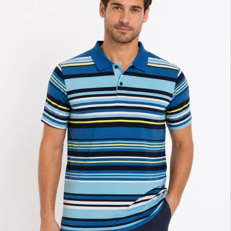 Erkek Çizgili Polo Yaka Tişört Kısa Kol Yazlık T-Shirt Regular Fit - Mavi