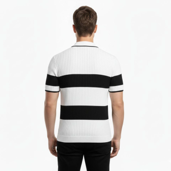 Erkek Çizgili Triko Dokuma Polo Yaka Yarım Fermuarlı Tişört - Beyaz
