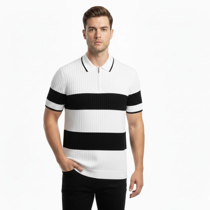 Erkek Çizgili Triko Dokuma Polo Yaka Yarım Fermuarlı Tişört - Beyaz