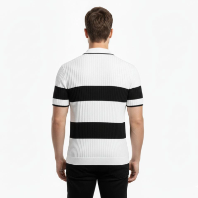 Erkek Çizgili Triko Dokuma Polo Yaka Yarım Fermuarlı Tişört - Beyaz