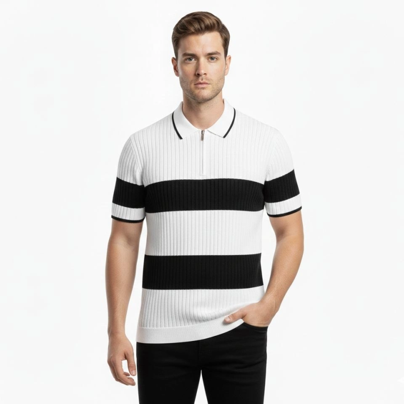 Erkek Çizgili Triko Dokuma Polo Yaka Yarım Fermuarlı Tişört - Beyaz