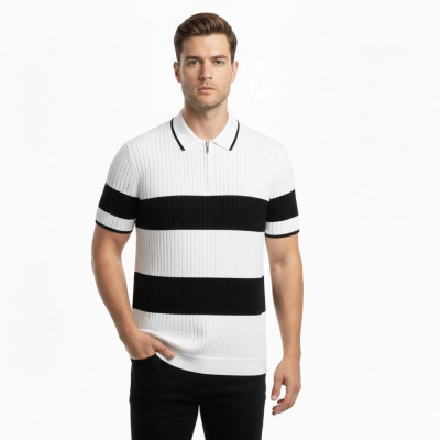 Erkek Çizgili Triko Dokuma Polo Yaka Yarım Fermuarlı Tişört - Beyaz
