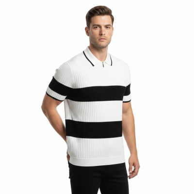 Erkek Çizgili Triko Dokuma Polo Yaka Yarım Fermuarlı Tişört - Beyaz