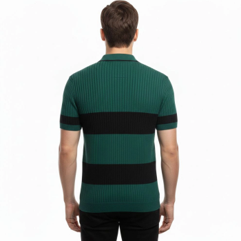 Erkek Çizgili Triko Dokuma Polo Yaka Yarım Fermuarlı Tişört - Çağla Yeşili
