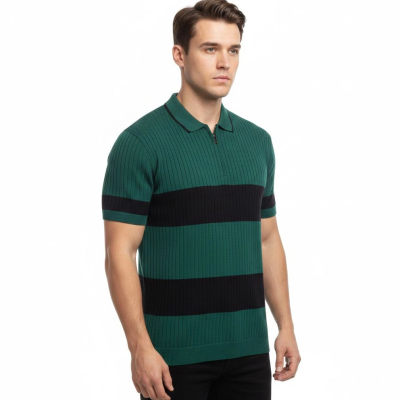 Erkek Çizgili Triko Dokuma Polo Yaka Yarım Fermuarlı Tişört - Çağla Yeşili