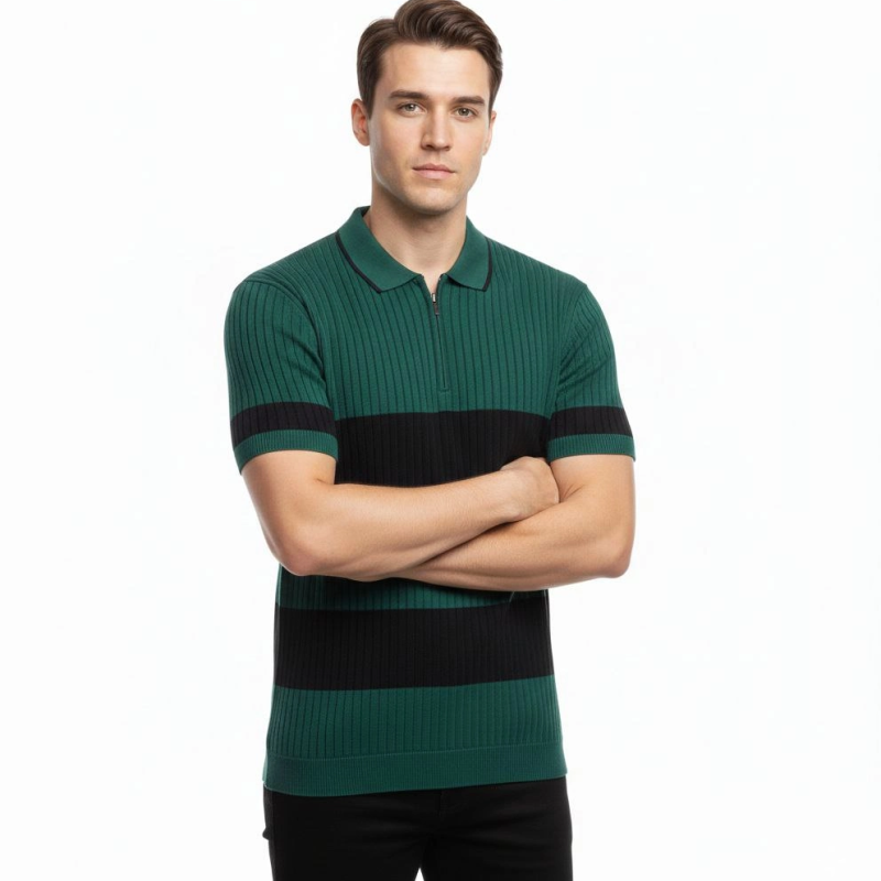 Erkek Çizgili Triko Dokuma Polo Yaka Yarım Fermuarlı Tişört - Çağla Yeşili