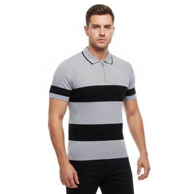 Erkek Çizgili Triko Dokuma Polo Yaka Yarım Fermuarlı Tişört - Gri