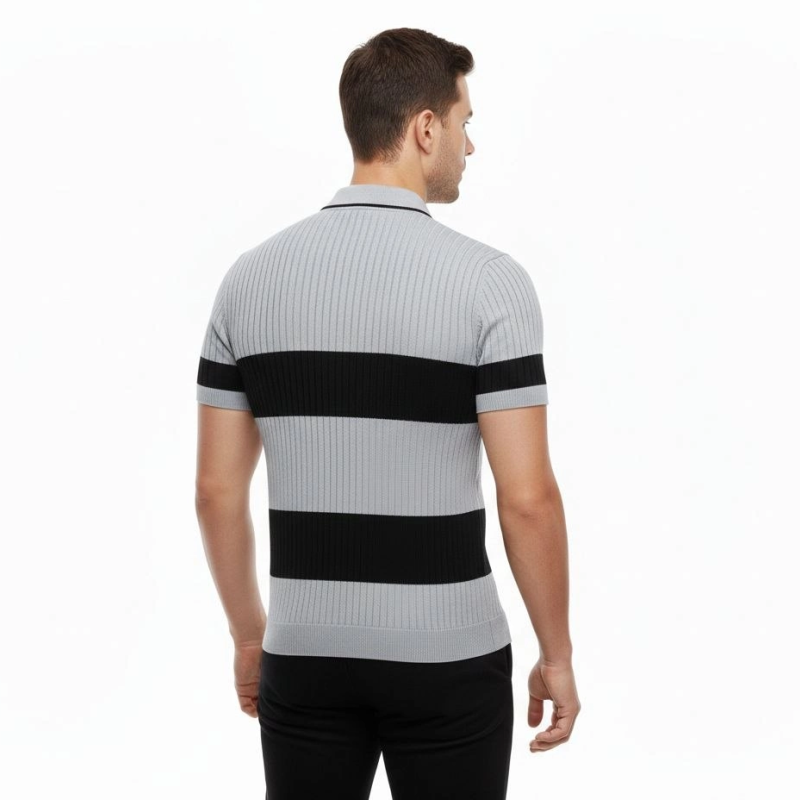Erkek Çizgili Triko Dokuma Polo Yaka Yarım Fermuarlı Tişört - Gri