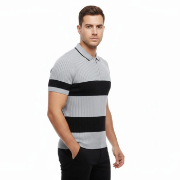 Erkek Çizgili Triko Dokuma Polo Yaka Yarım Fermuarlı Tişört - Gri
