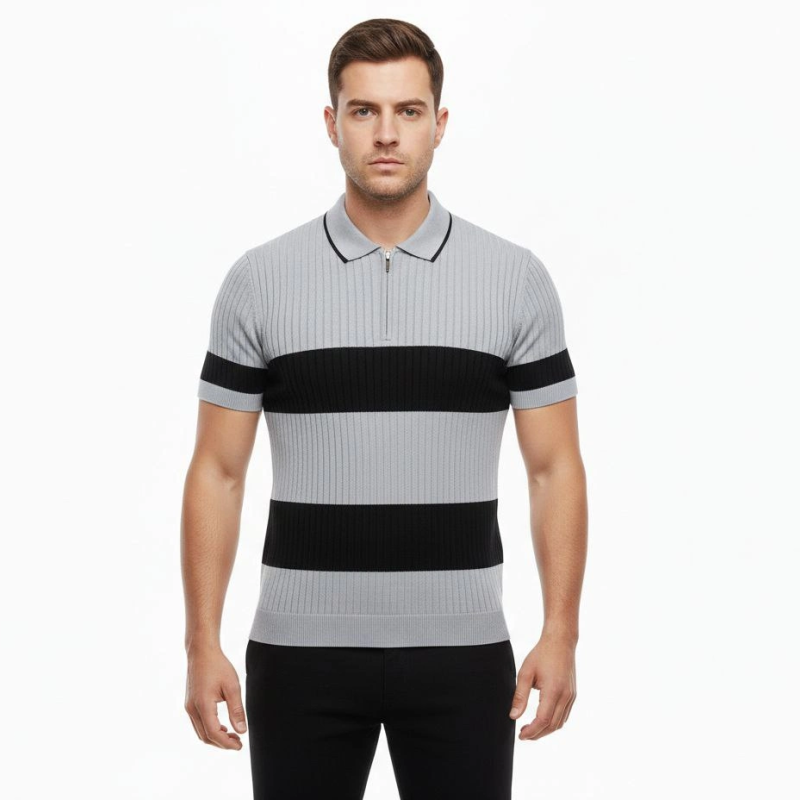 Erkek Çizgili Triko Dokuma Polo Yaka Yarım Fermuarlı Tişört - Gri