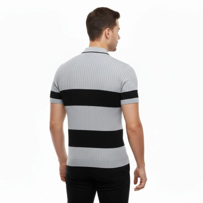Erkek Çizgili Triko Dokuma Polo Yaka Yarım Fermuarlı Tişört - Gri