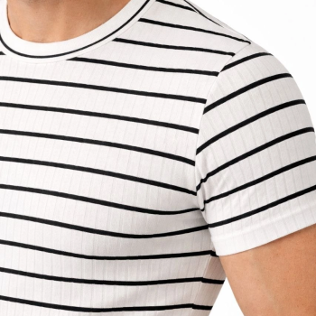Erkek Çizgili Yazlık Triko T-Shirt Slim Fit Dar Kesim Body Bisiklet Yaka - Beyaz