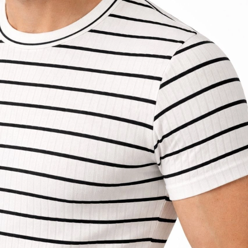 Erkek Çizgili Yazlık Triko T-Shirt Slim Fit Dar Kesim Body Bisiklet Yaka - Beyaz