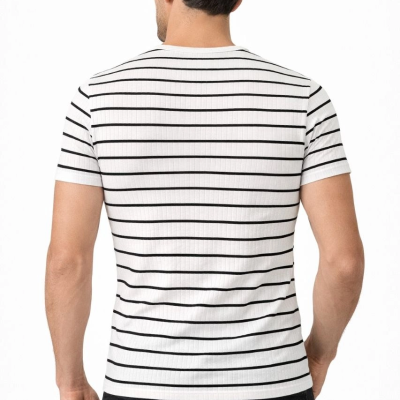 Erkek Çizgili Yazlık Triko T-Shirt Slim Fit Dar Kesim Body Bisiklet Yaka - Beyaz