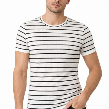 Erkek Çizgili Yazlık Triko T-Shirt Slim Fit Dar Kesim Body Bisiklet Yaka - Beyaz