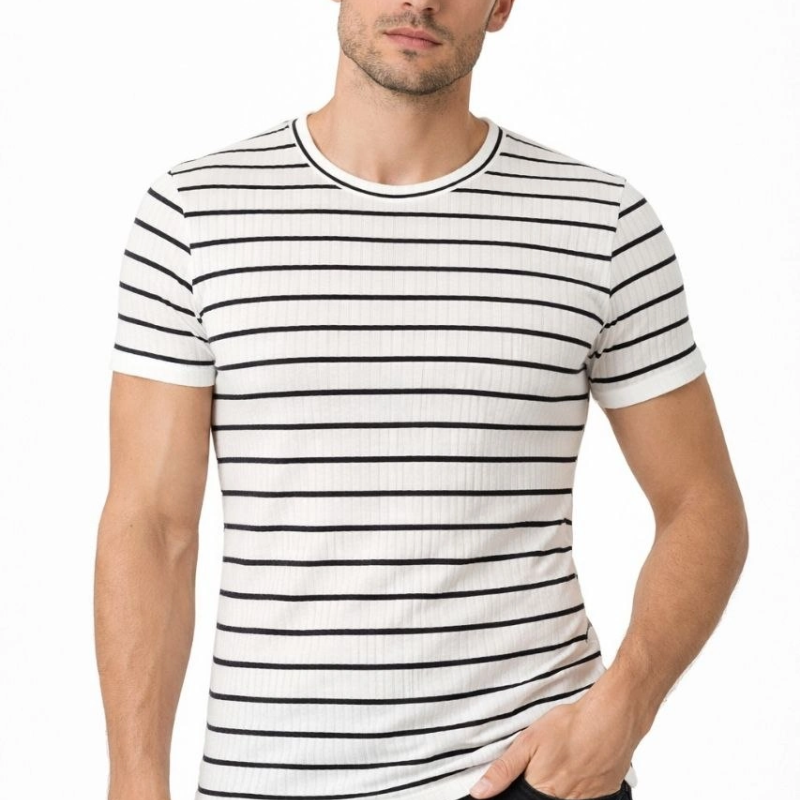 Erkek Çizgili Yazlık Triko T-Shirt Slim Fit Dar Kesim Body Bisiklet Yaka - Beyaz
