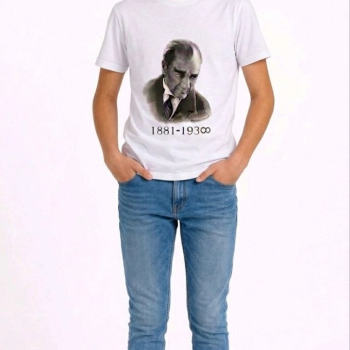 Erkek Çocuk Atatürk Baskılı Tişört Kısa Kollu Bisiklet Yaka T-Shirt - Beyaz