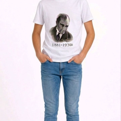 Erkek Çocuk Atatürk Baskılı Tişört Kısa Kollu Bisiklet Yaka T-Shirt - Beyaz