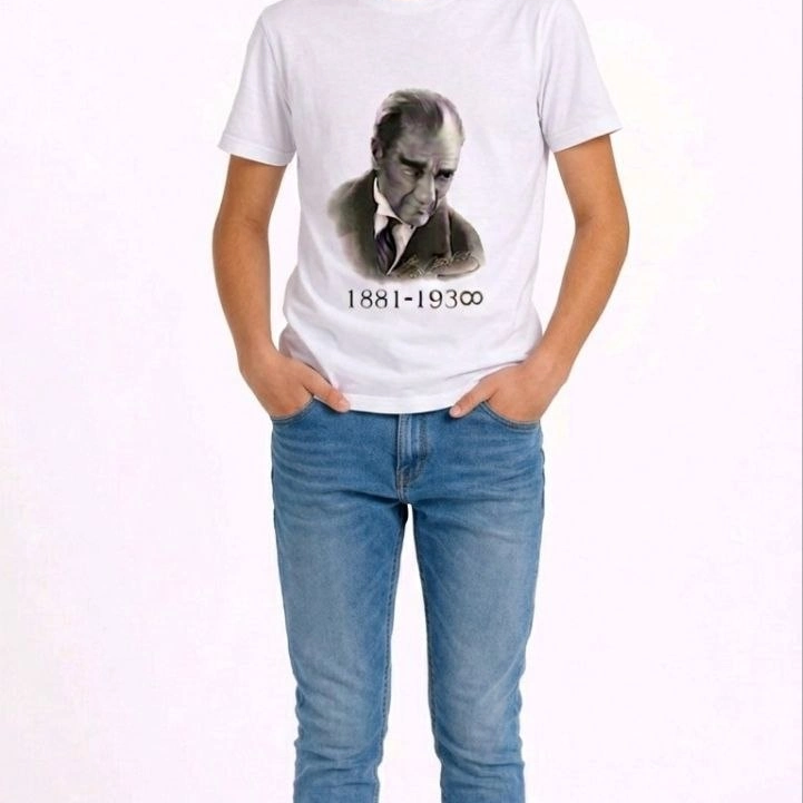 Erkek Çocuk Atatürk Baskılı Tişört Kısa Kollu Bisiklet Yaka T-Shirt - Beyaz