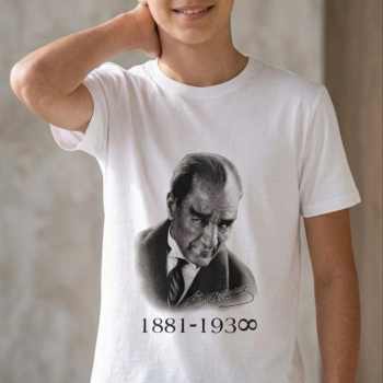 Erkek Çocuk Atatürk Baskılı Tişört Kısa Kollu Bisiklet Yaka T-Shirt - Beyaz