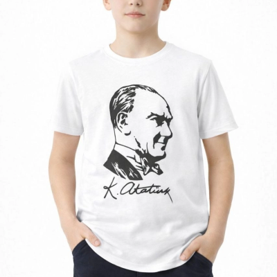 Erkek Çocuk Atatürk Baskılı Tişört Kısa Kollu Bisiklet Yaka T-Shirt - Beyaz