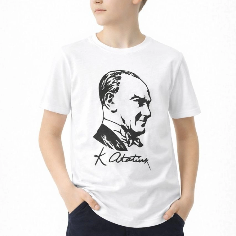 Erkek Çocuk Atatürk Baskılı Tişört Kısa Kollu Bisiklet Yaka T-Shirt - Beyaz