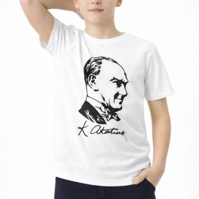 Erkek Çocuk Atatürk Baskılı Tişört Kısa Kollu Bisiklet Yaka T-Shirt - Beyaz