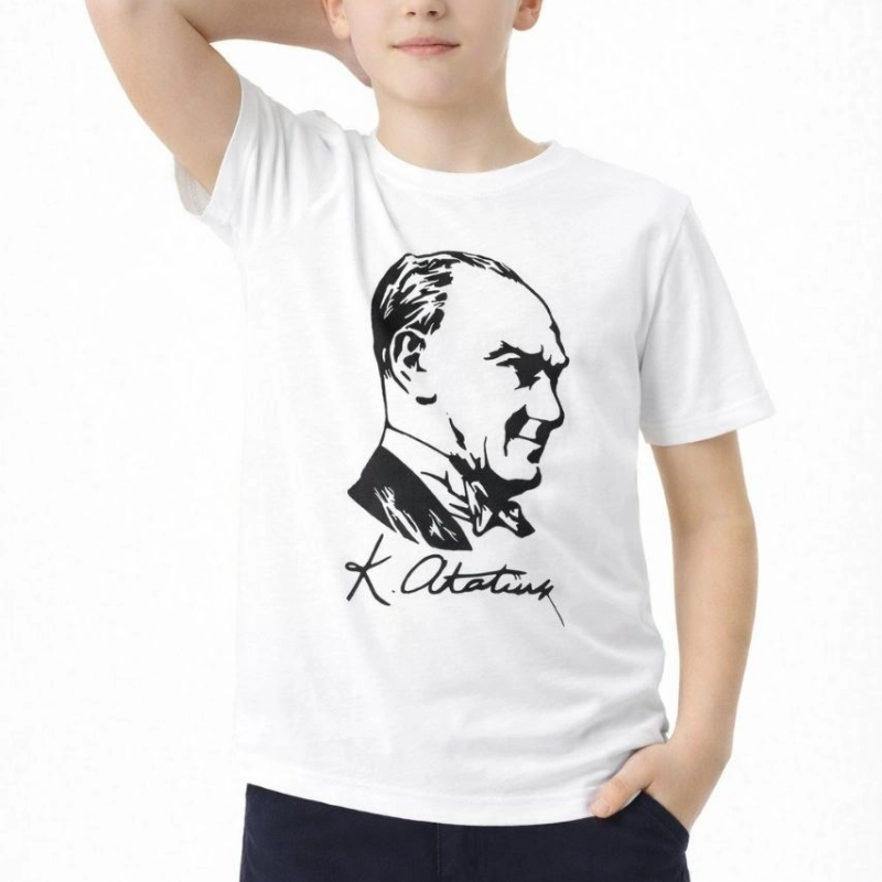 Erkek Çocuk Atatürk Baskılı Tişört Kısa Kollu Bisiklet Yaka T-Shirt - Beyaz