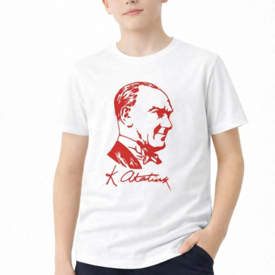 Erkek Çocuk Atatürk Baskılı Tişört Kısa Kollu Bisiklet Yaka T-Shirt - Beyaz