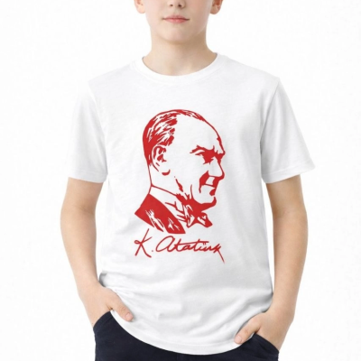 Erkek Çocuk Atatürk Baskılı Tişört Kısa Kollu Bisiklet Yaka T-Shirt - Beyaz
