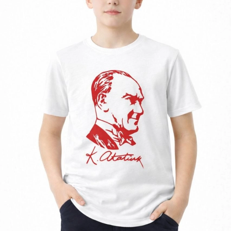 Erkek Çocuk Atatürk Baskılı Tişört Kısa Kollu Bisiklet Yaka T-Shirt - Beyaz