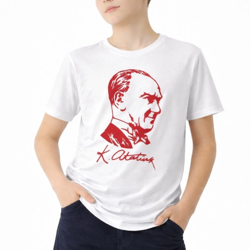 Erkek Çocuk Atatürk Baskılı Tişört Kısa Kollu Bisiklet Yaka T-Shirt - Beyaz